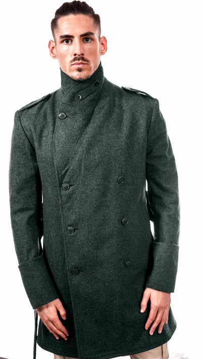 Men's tailored blue-gray wool trenchcoat with diamond collar and adjustable waist belt
