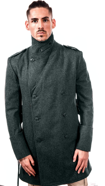 Men's tailored blue-gray wool trenchcoat with diamond collar and adjustable waist belt