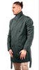 Men's blue-gray wool trenchcoat with slim fit and diamond-shaped collar, redesigned from Swiss Army vintage coat