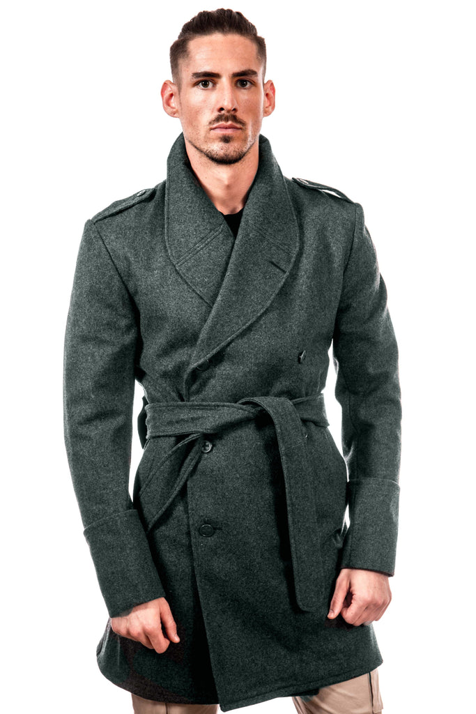 Blue-gray wool trenchcoat with adjustable belt and double cuffs, tailored fit, vintage Swiss Army style.