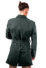 Back view of redesigned blue-gray wool trenchcoat with adjustable belt and double cuffs worn by man