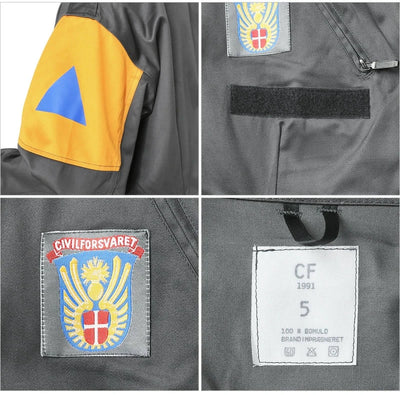 Denmark Civil Defense gray field jacket with band collar, Civilforsvaret emblem, fire-retardant, water-resistant, six pockets, 100% cotton.