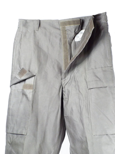 1970s Dutch Military gray chino cargo pants with Velcro pockets and zip-up design.