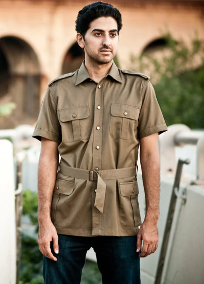 Italian Military Brown Safari Style Shirt with belt - Top Rank Vintage