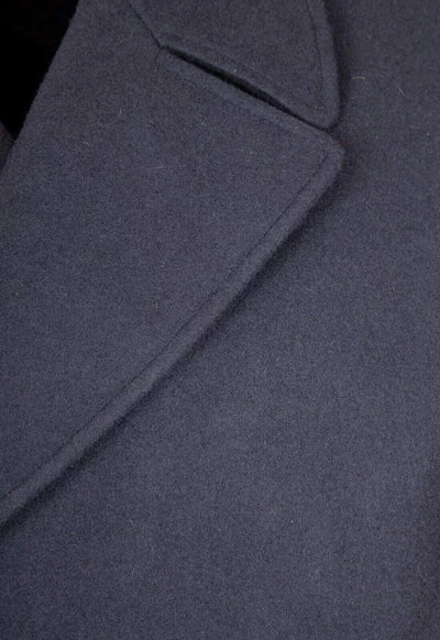 Close-up of Scandinavian Sverige Swedish Air Force blue-gray wool overcoat lapel and shoulder detail