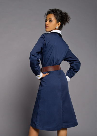 Vintage Swedish Blue Navy Cotton Long-Sleeve Dress - Top Rank Vintage