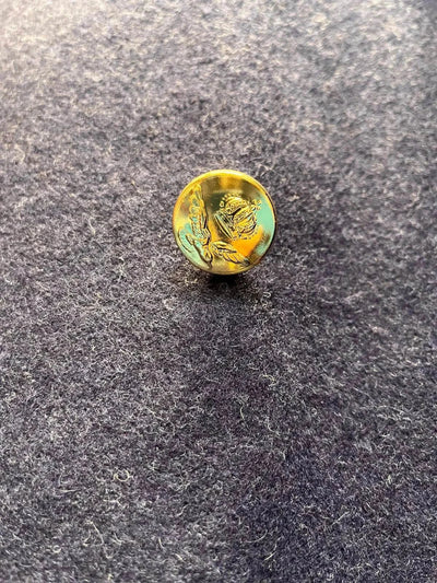 Close-up of golden brass button with Royal insignia on royal blue Belgian Air Force wool coat