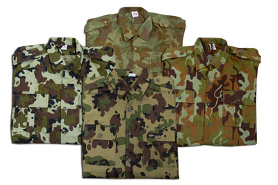 1990s Romanian camo button-up shirts in varying camouflage patterns.