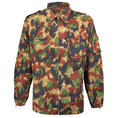 Swiss M83 Alpenflage Field Jacket with iconic six-color TAZ 83 camouflage, durable cotton/poly blend, and zippered sleeves for outdoor adventures.
