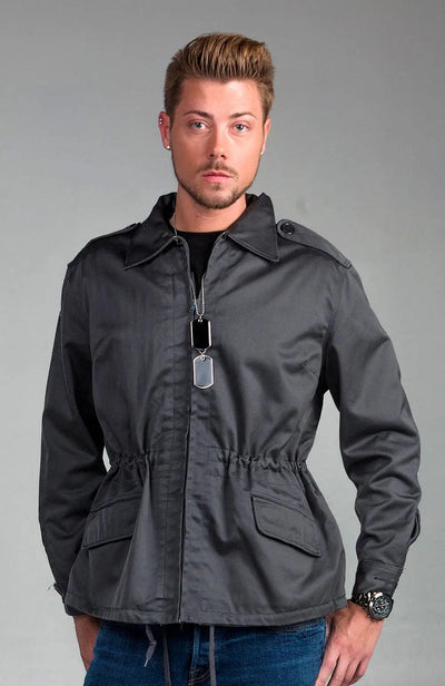 Men's dark gray slanted pocket combat jacket with zip-up front and adjustable drawstrings
