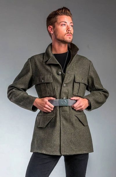 Swedish WWII wool 6-pocket wool battle field jacket with pewter buttons and cotton lining worn by male model
