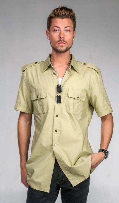 Man wearing lightweight khaki safari style shirt with epaulettes and two front pockets