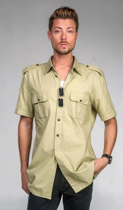 Man wearing lightweight khaki safari style shirt with epaulettes and two front pockets