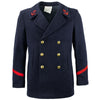 Red sleeve striped navy wool peacoat with gold buttons and anchor design.