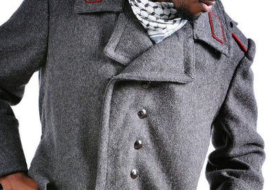 Men's redesigned charcoal wool hooded overcoat with red accents and snap buttons