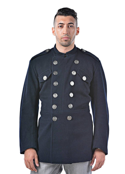 Navy blue band collar wool jacket with metal buttons and double-breasted front modeled on man