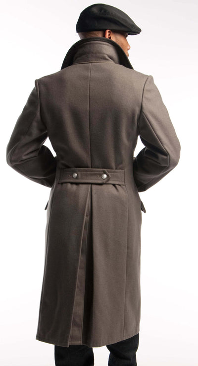 Back view of black collar gray overcoat made of thick wool with quarter belt and aluminum buttons