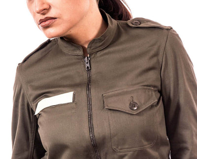 Olive Drab Green Air Force aviator bomber jacket with mandarin collar and zipped closure