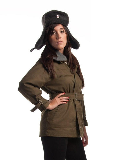 Woman wearing 1970s army olive parka jacket with belt and faux fur collar