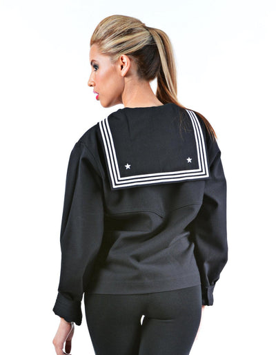 Navy Women's Navy Cracker Jack style jumper middy with classic flap and star details in thin wool