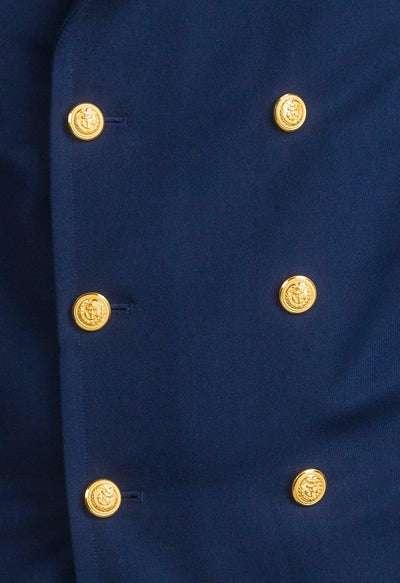 Close-up of navy Gabardine Reefer Peacoat with gold brass navy emblem buttons and smooth liner