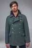 Post WWII Alpine Swiss Army wool overcoat in grey blue, featuring double cuffs, solid metal buttons, and half belt detail.