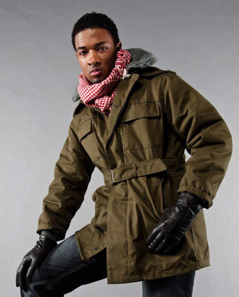 Olive Drab Hooded Parka with Belt and Removable Liner and Collar.