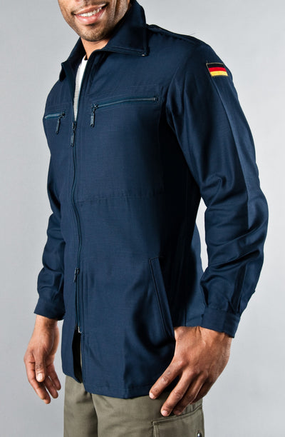 Navy Deck Zip-up Jacket with vintage military design, double zipper, and multiple pockets.