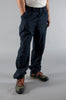 Navy blue fire-resistant cargo pants with side pockets, straight leg, German vintage design.