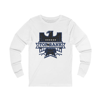 White vintage graphic long sleeve tee with navy blue eagle and "Top Rank" text, casual unisex jersey shirt