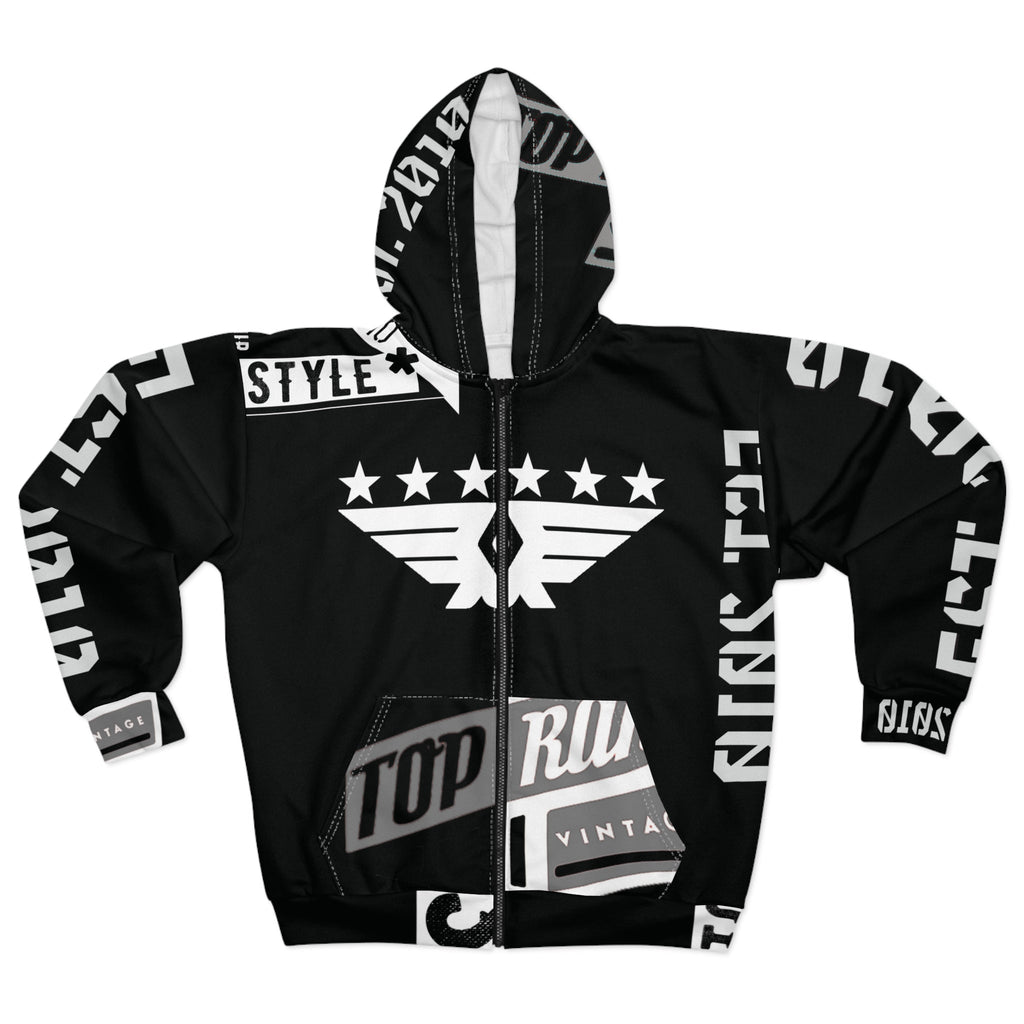 Black unisex zip hoodie with bold white graphic prints, spacious pockets, and stylish zipper detail.