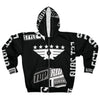 Black unisex zip hoodie with bold white graphic prints, spacious pockets, and stylish zipper detail.