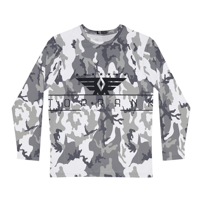 Unisex vintage graphic long sleeve tee with grey camo pattern and bold black logo print, casual lightweight jersey fabric