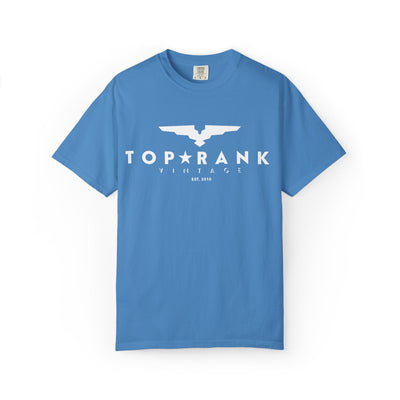 Blue TRV Eagle Tee with white Toprank Vintage logo and eagle graphic on front, retro space mission style garment-dyed cotton shirt