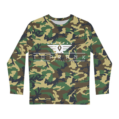 Unisex vintage graphic long sleeve tee with camouflage pattern and bold logo print, casual and comfortable style