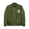 Green TRV eco-friendly embroidered army fatigue bomber jacket with front zipper and utility pocket on sleeve