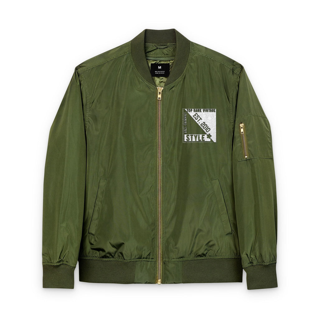 Green TRV eco-friendly embroidered army fatigue bomber jacket with front zipper and utility pocket on sleeve