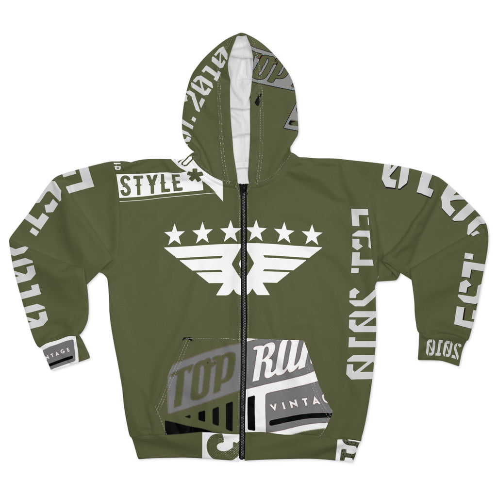 TRV Army Green unisex zip hoodie with bold white graphic print, spacious pockets, black zipper, and durable polyester fabric.
