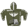TRV Army Green unisex zip hoodie with bold white graphic print, spacious pockets, black zipper, and durable polyester fabric.