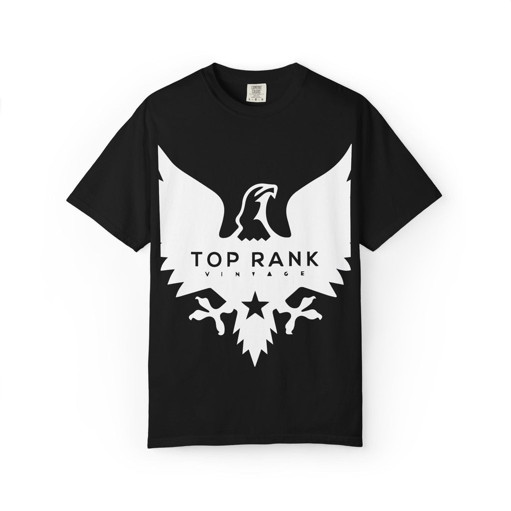 Black TRV Black Rising Eagle Tee with white eagle graphic and "Top Rank Vintage" text