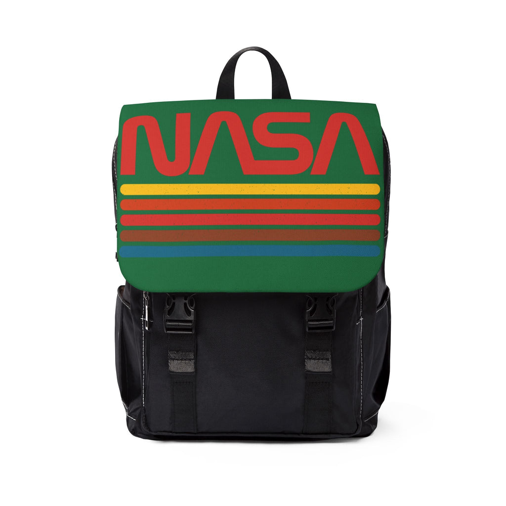 NASA unisex casual backpack with retro red logo and colorful stripes, black Oxford canvas daypack for travel and everyday use
