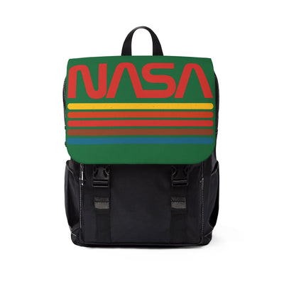 NASA unisex casual backpack with retro red logo and colorful stripes, black Oxford canvas daypack for travel and everyday use