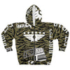 Unisex zip hoodie with TRV Tiger Stripe Camo print, bold all-over design, black zipper, white text accents, and spacious pockets
