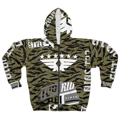 Unisex zip hoodie with TRV Tiger Stripe Camo print, bold all-over design, black zipper, white text accents, and spacious pockets
