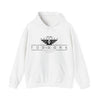 Unisex white hooded sweatshirt with kangaroo pocket and matching drawstring.