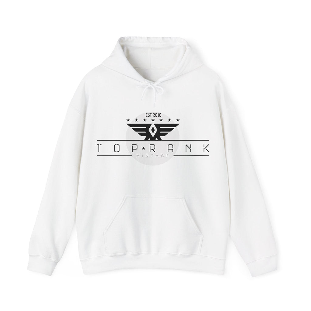 Unisex white hooded sweatshirt with kangaroo pocket and matching drawstring.