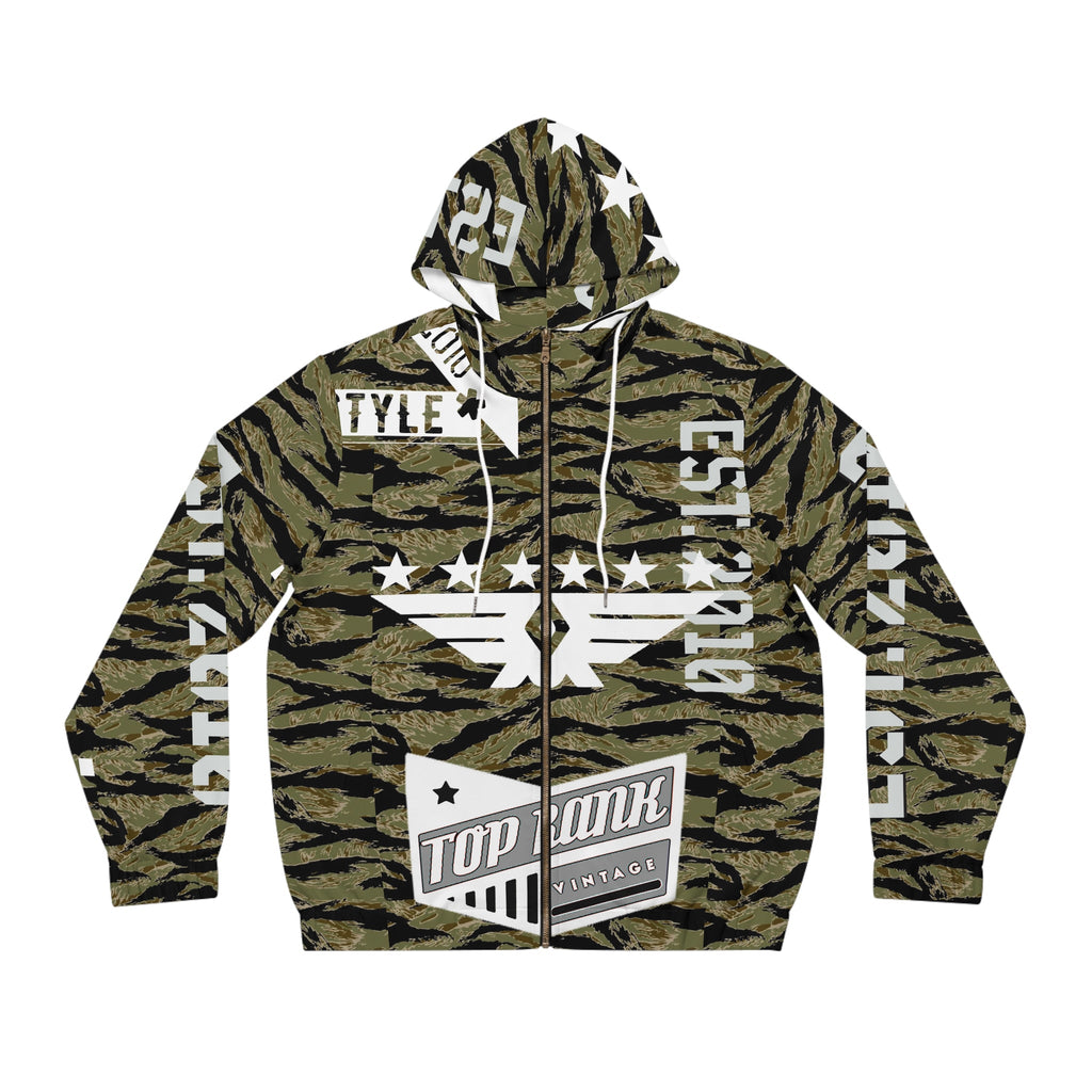 Unisex zip hoodie with TRV Tiger Stripe Camo pattern, full-zip front, and spacious pockets