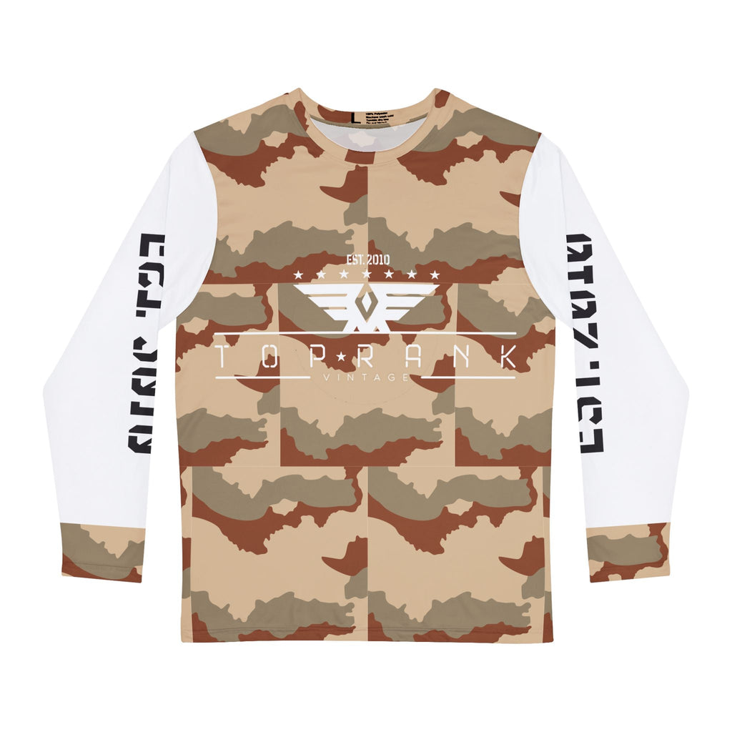 Men's TRV French Desert Daguet camo crewneck sweatshirt with long white sleeves and ribbed collar, durable polyester casual top