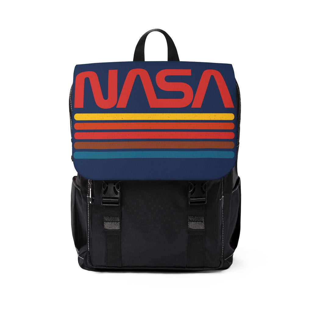NASA unisex casual backpack with retro striped design, multiple compartments, and adjustable shoulder straps for everyday travel and organization.
