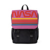 NASA unisex casual backpack with colorful striped flap, black body, adjustable straps, and multiple compartments for travel and daily use